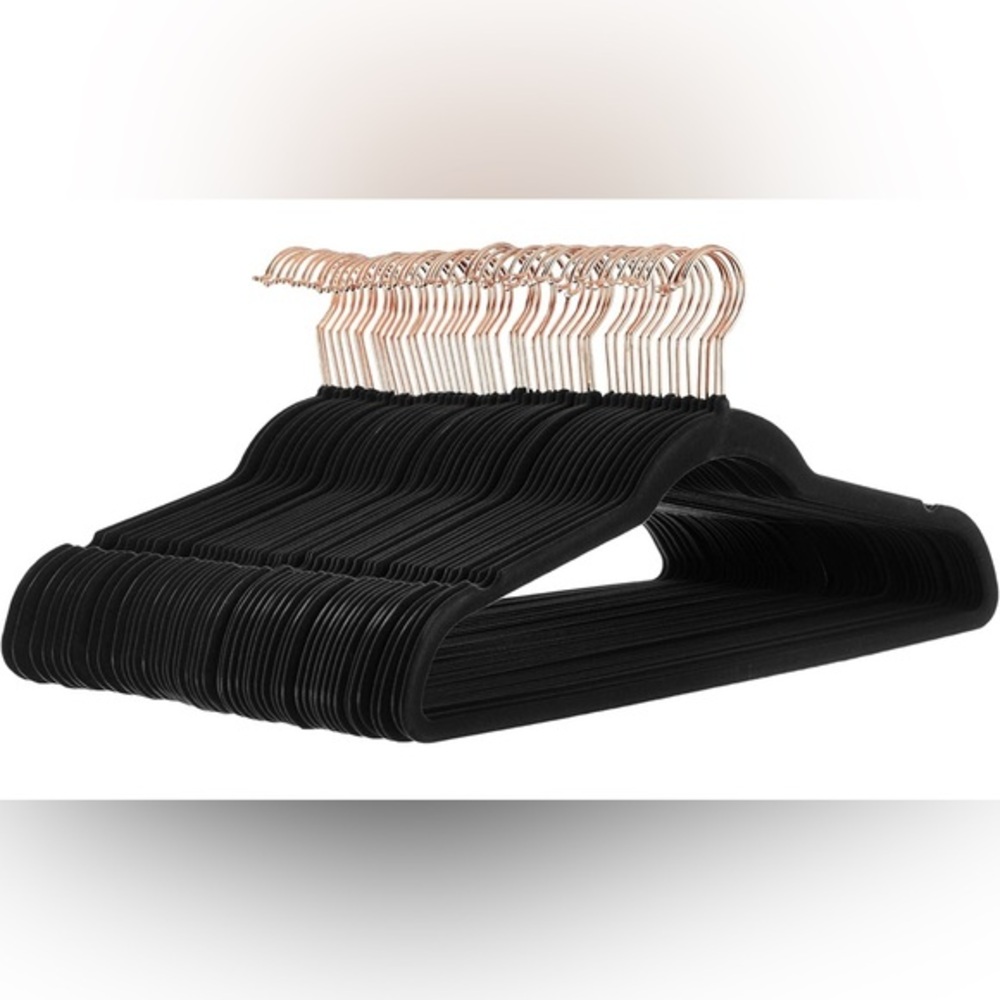 Slim Velvet Non-Slip Clothes Hangers w/ Rose Gold Hooks - Black Pack of 40